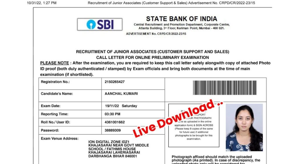 SBI Clerk Prelims Admit Card