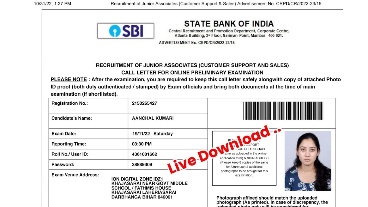 SBI Clerk Prelims Admit Card